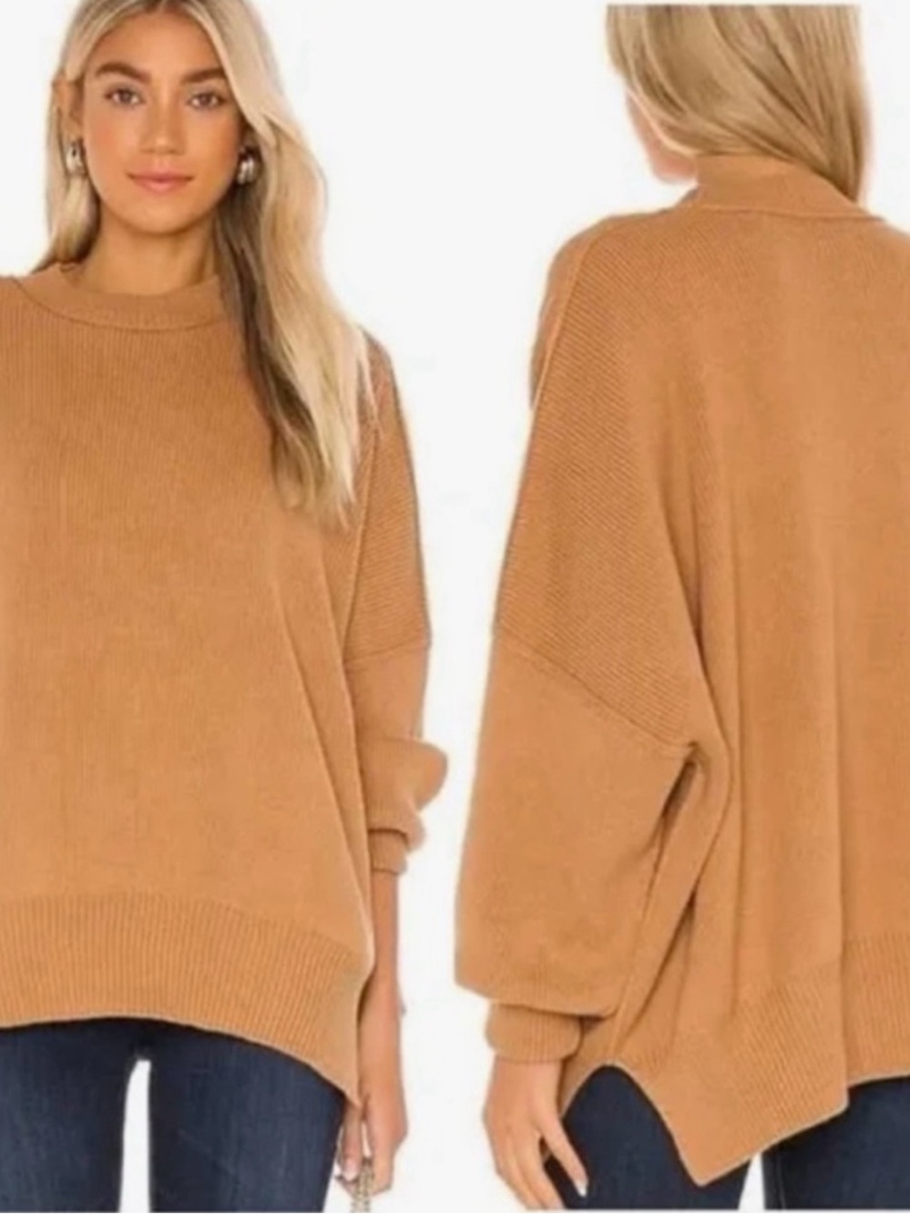 Free People Easy Street Oversized Camel Crewneck Sweater